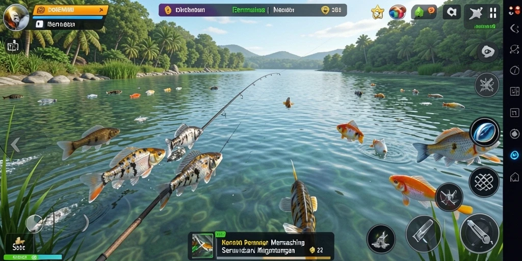 Tampilan menarik gameplay DOREMI88 dengan memancing ikan berwarna-warni.