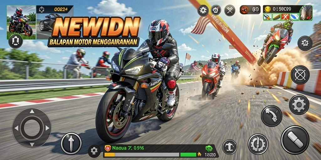 Tampilan gameplay balapan motor yang mengasyikkan dan penuh adrenalin.