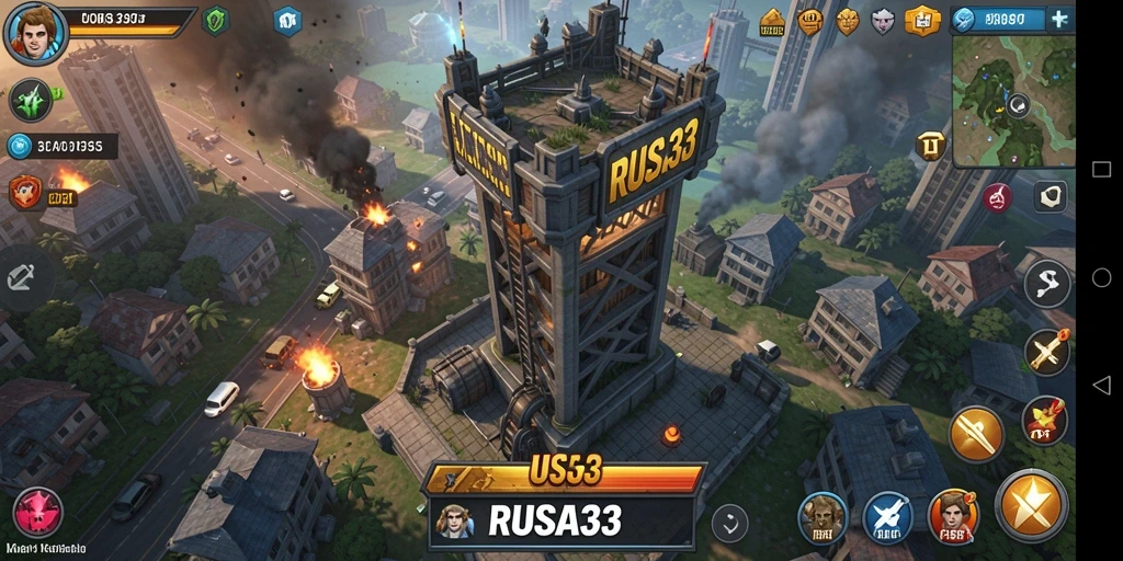 Screenshot gameplay RUSA33 yang menampilkan menara pertahanan dan musuh.