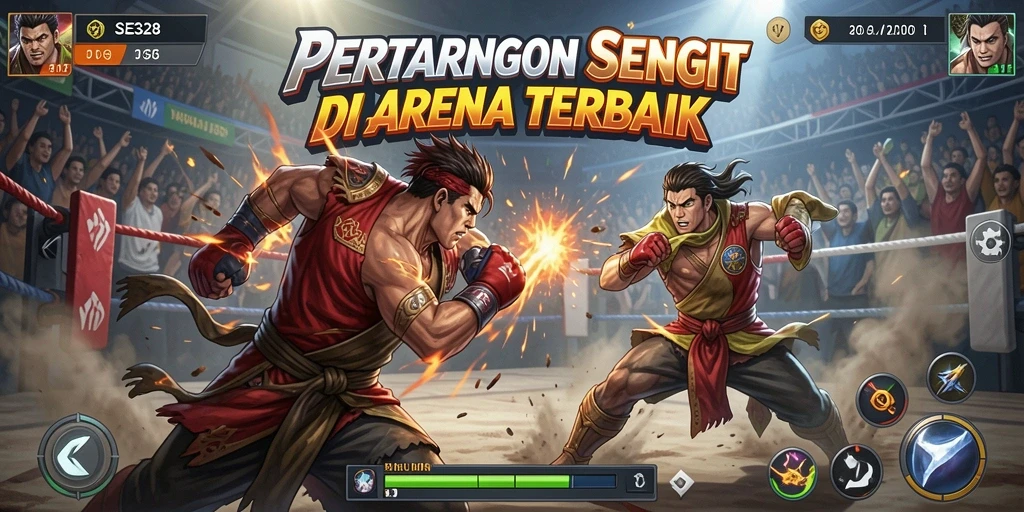 Screenshot permainan SE328 menunjukkan karakter bertarung di arena penuh warna.