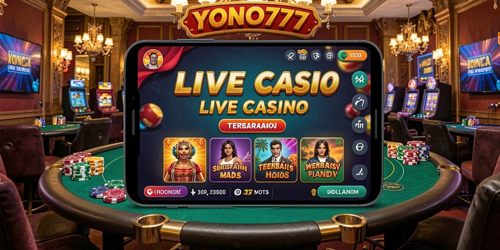 Screenshot <strong>YONO777</strong> menunjukkan dealer langsung dan suasana kasino yang mendebarkan.